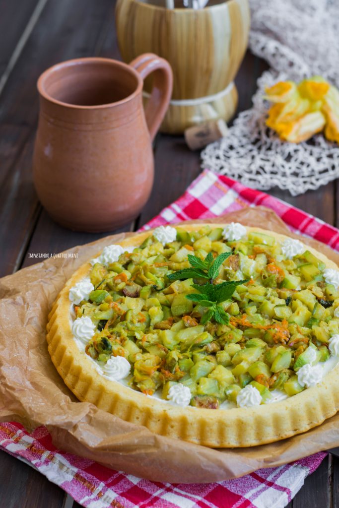crostata morbida salata con zucchine e fiori di zucca