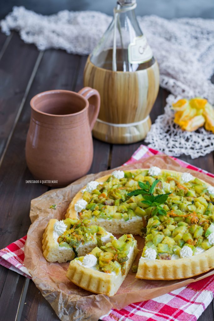 crostata morbida salata con zucchine e fiori di zucca